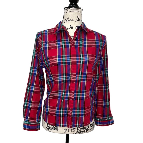Dressy Plaid Button Up Size 10 Petite Blouse - Picture 1 of 7
